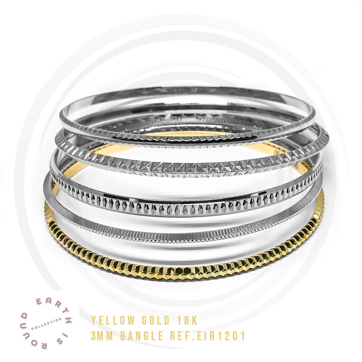Bangle EARTH IS ROUND 3mm notched and round cut yellow gold 18k 750