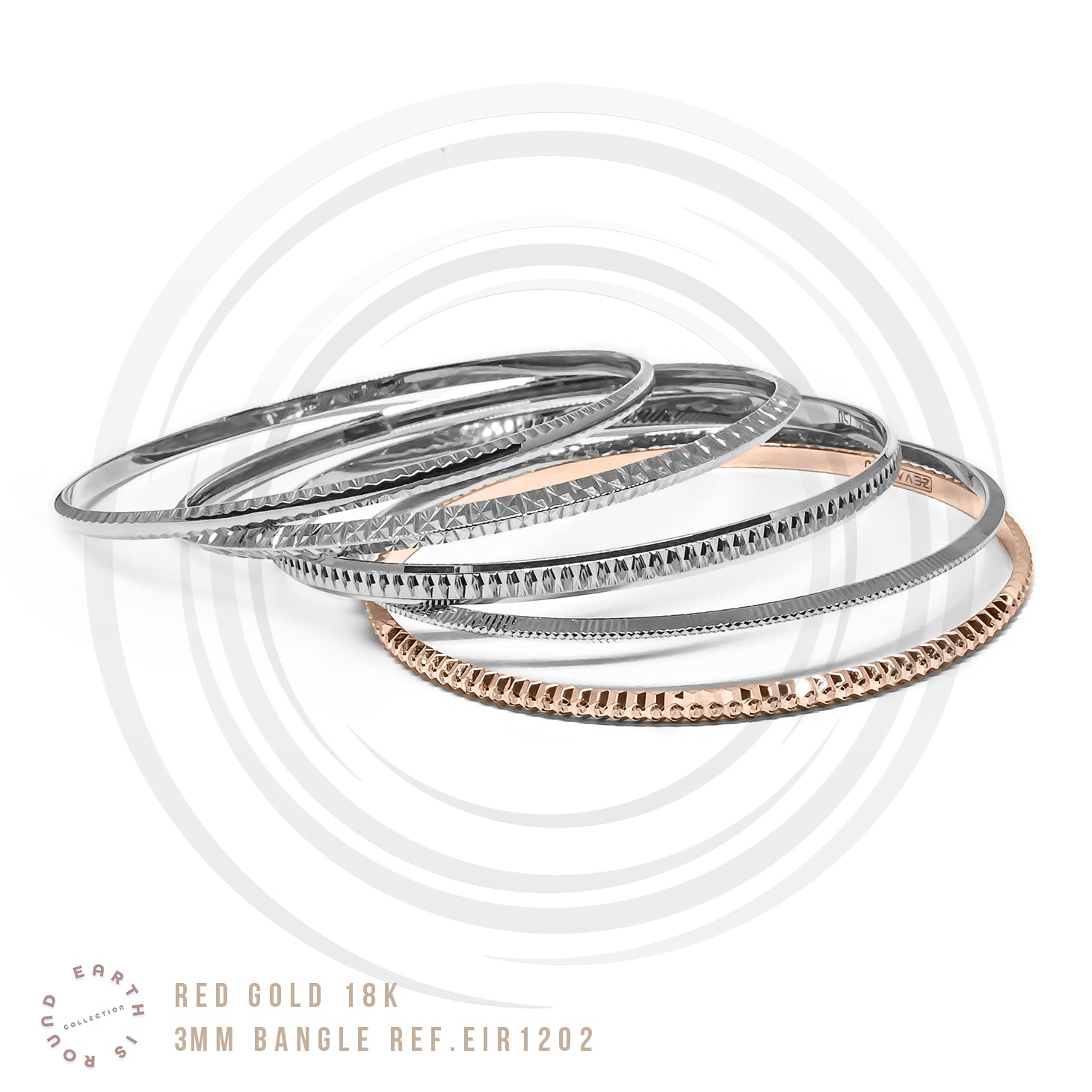 Bangle EARTH IS ROUND 3mm notched and round cut red gold 18k 750